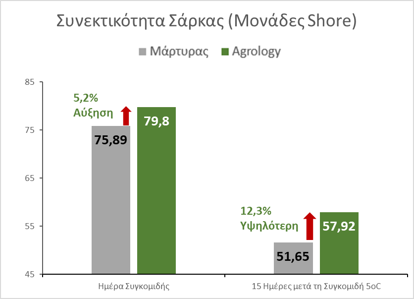 Εικόνα 9. Συνεκτικότητα Καρπών (Μονάδες Shore). Με την εφαρμογή του Προγράμματος Agrology, επιτεύχθηκε αύξηση της συνεκτικότητας των καρπών κατά 5,2% την Ημέρα Συγκομιδής & διατήρησή της κατά τη συντήρηση των καρπών 15 ημέρες αργότερα κατά 12,3%, συγκριτικά με τον Μάρτυρα
