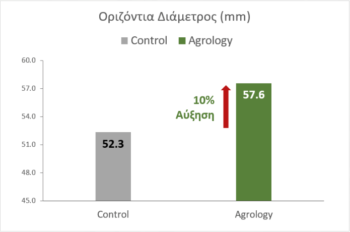 Οριζόντια Διάμμετρος (mm)​. Αύξηση της οριζόντιας διαμέτρου κατά 10%, συγκριτικά με τον Μάρτυρα