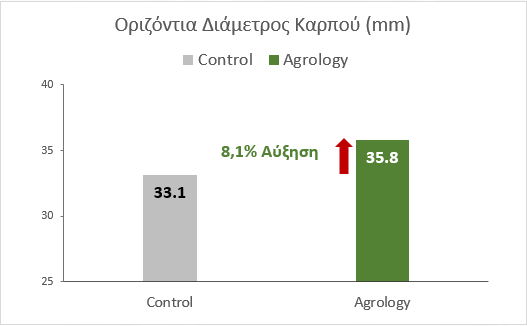 Εικόνα 3. Οριζόντια Διάμετρος Καρπού (mm). Με την εφαρμογή του προγράμματος Agrology, επιτεύχθηκε αύξηση της οριζόντιας διαμέτρου καρπού κατά 2,69 mm. (+8,1%), συγκριτικά με τον Μάρτυρα.