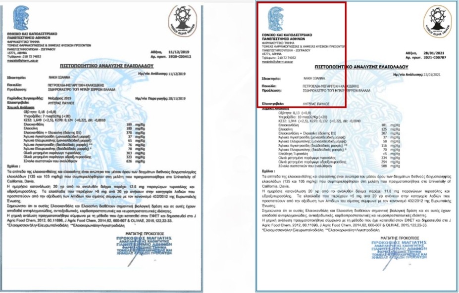 Εικόνα 18. Πιστοποιητικό Ανάλυσης για την Ποιότητα Ελαιολάδου - Εθνικό και Καποδιστριακό Πανεπιστήμιο Αθηνών