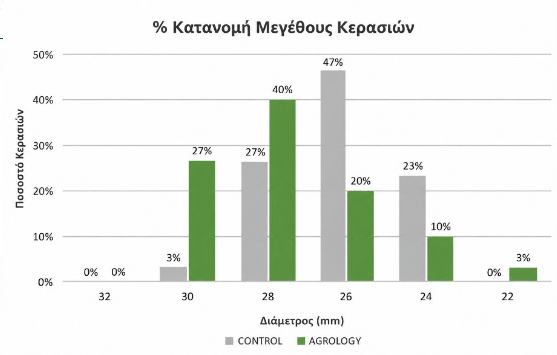 Εικόνα 5. Κατανομή Μεγέθους καρπών (%). Με την εφαρμογή του προγράμματος Agrology, επιτεύχθηκε ευνοϊκότερη κατανομή μεγεθών καρπών, συγκριτικά με τον Μάρτυρα.​